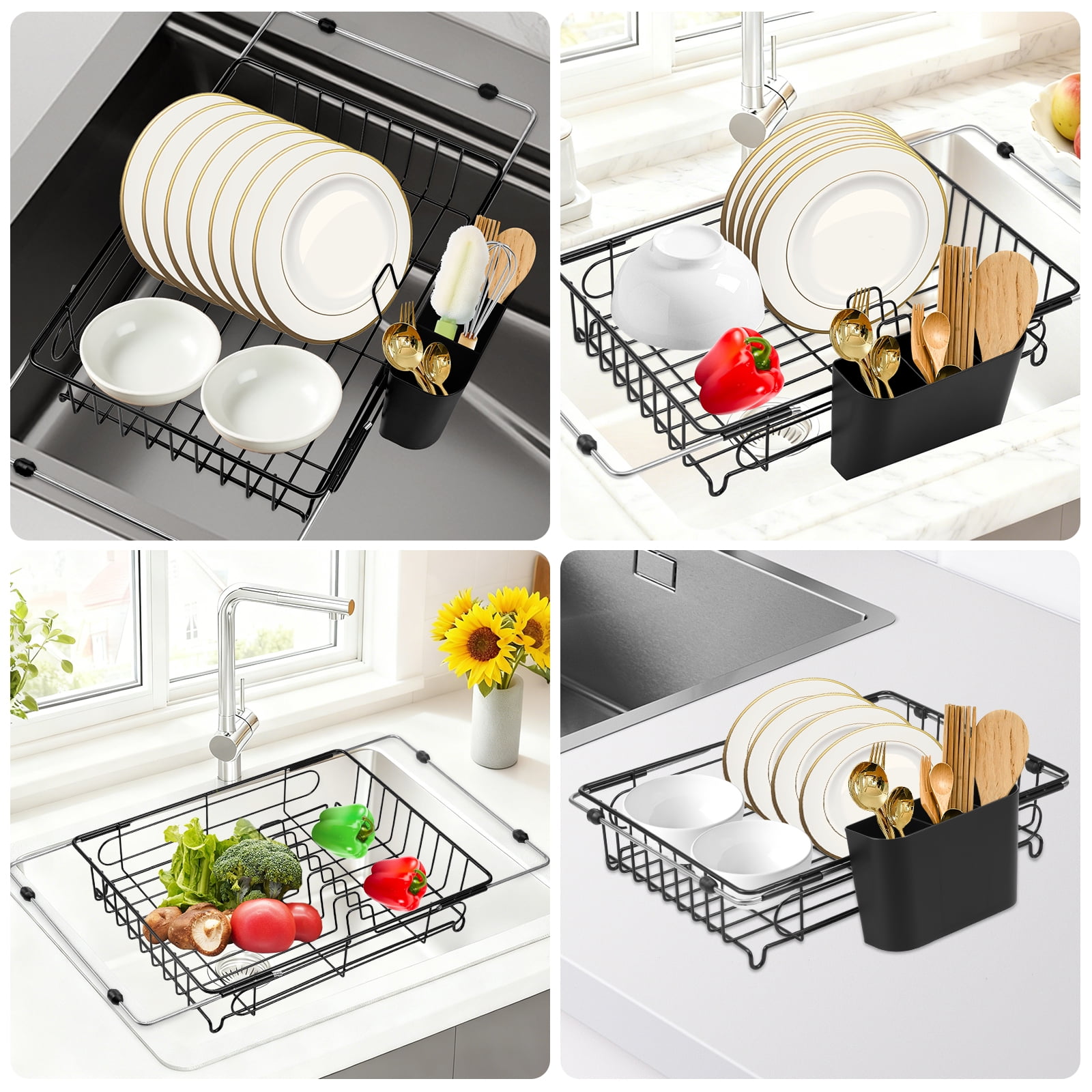 Expandable Dish Drying Rack in Sink Adjustable Stainless Steel Dish Drainer Over The Sink with Utensil Holder for Kitchen Sink, 14.5"~20.9" L x 10.2"W
