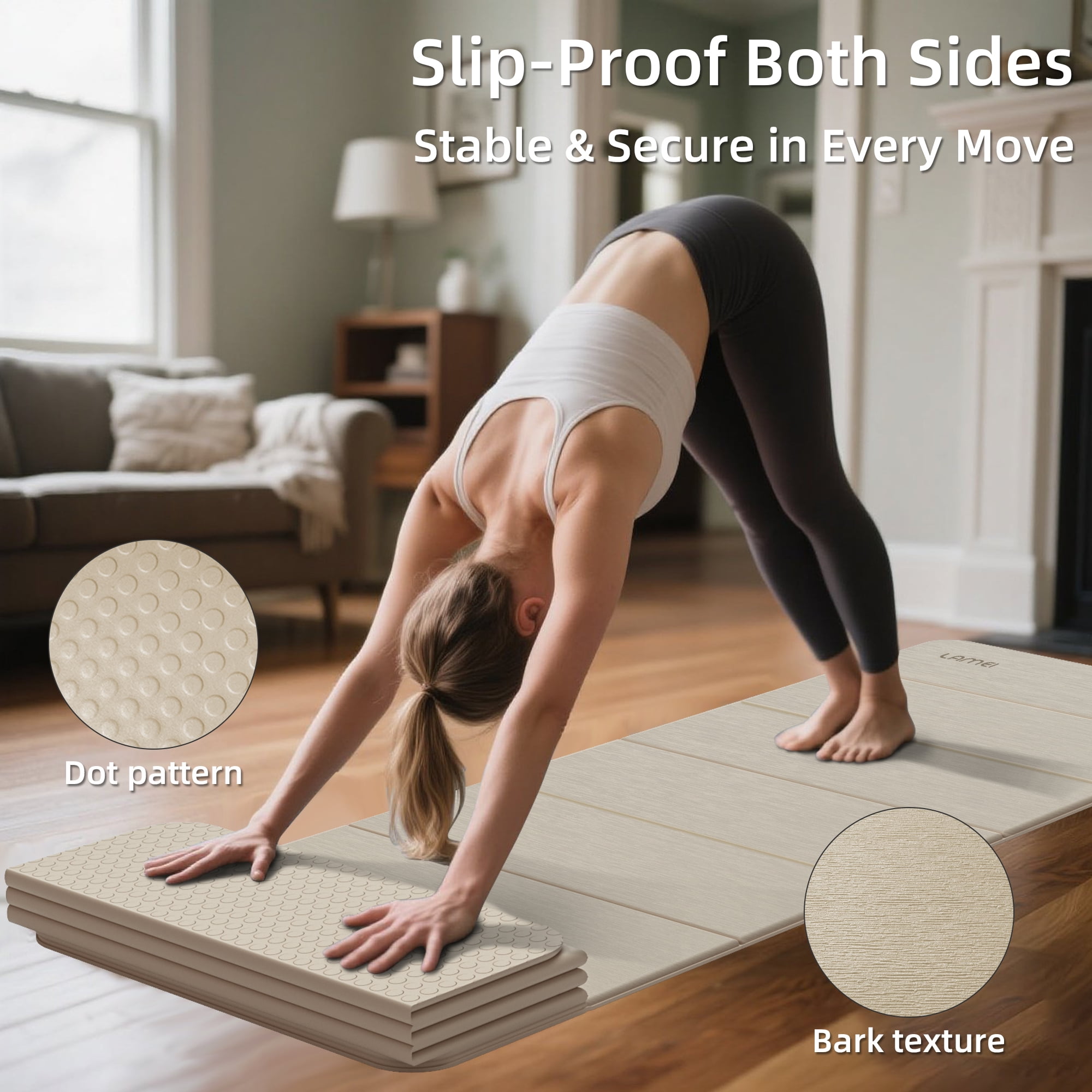 Lamei Foldable Yoga Mat, Extra Thick 1/2 inch Exercise Mat for Home Workout, Non-Slip Pilates Mats, Easy Storage, Quick Fold, No Curl(Beige)