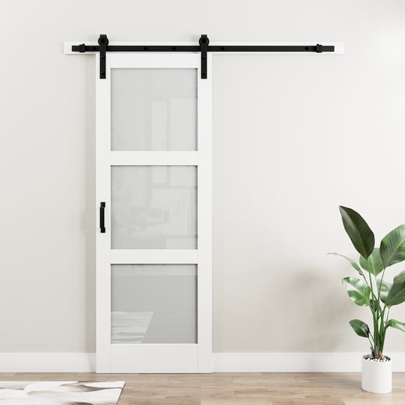 30'' x 84'' Sliding Glass Barn Doors and Hardware Included, White Wood Texture Panels & Tempered Frosted Glass & Barn Door Hardware Kit, Easy Assembly with Pre-Drilled Holes, 3 Panel