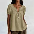 thumbnail image 4 of ZGRBOU Womens Ruffle Puff Sleeve Cotton Linen Tops V Neck Button Down Pleated Shirts Summer Casual Loose Vacasion TShirts, 4 of 7