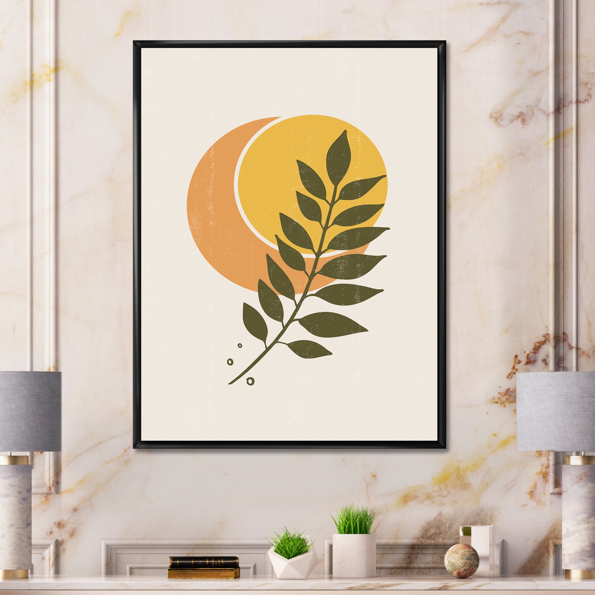 Designart 'Abstract Geometrical Moon and Sun With Leaf V' Modern Framed Canvas Wall Art Print