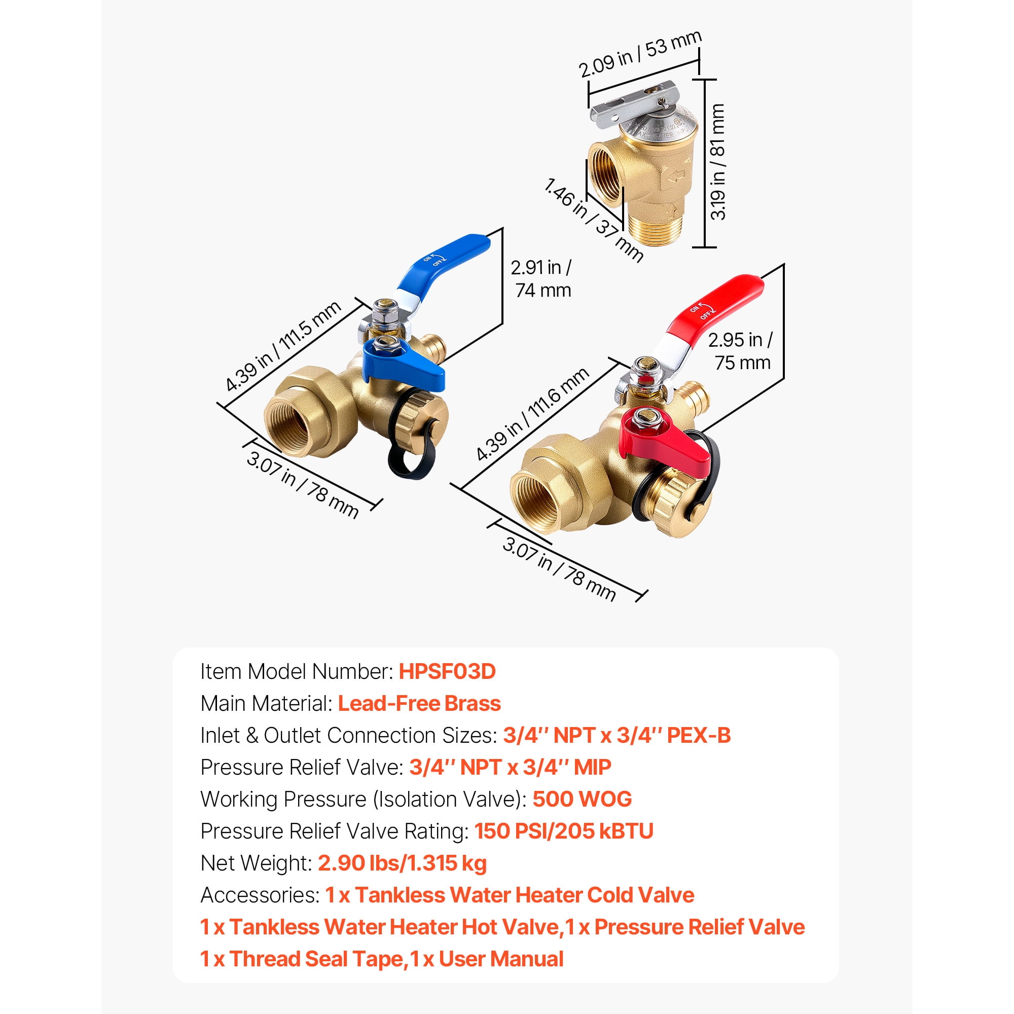 KFFKFF Tankless Water Heater Service Valve Kit, 3/4 Inch with 2PCS 3/4″ NPT to 3/4″ PEX-B Isolation Valves, Pressure Relief Valve, Lead-Free Brass, Compatible with Most Tankless Water Heaters