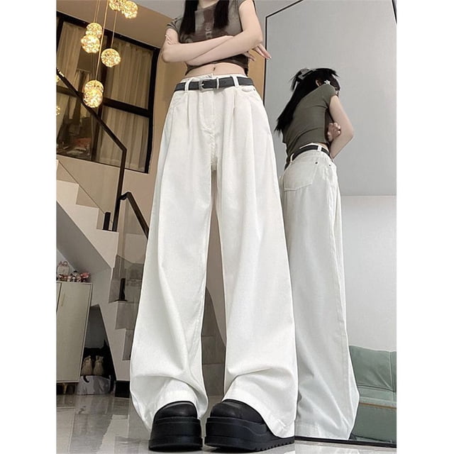 Jeans Style Américain Rue Haute pour Femmes Tendance Blanc Taille Haute Doux Ample Jambes Larges