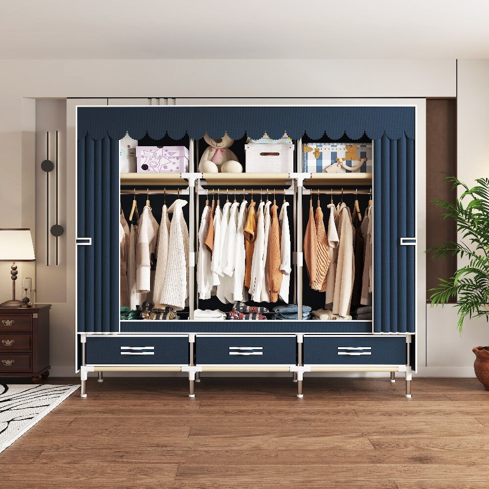 ArluKin 59Inch Portable Wardrobe Closet, 3 Storage Spaces with 3 Hanging Rods,3 Drawers，Steel Frame Fabric Organizer, Easy Assembly and Dust Resistant Design, blue