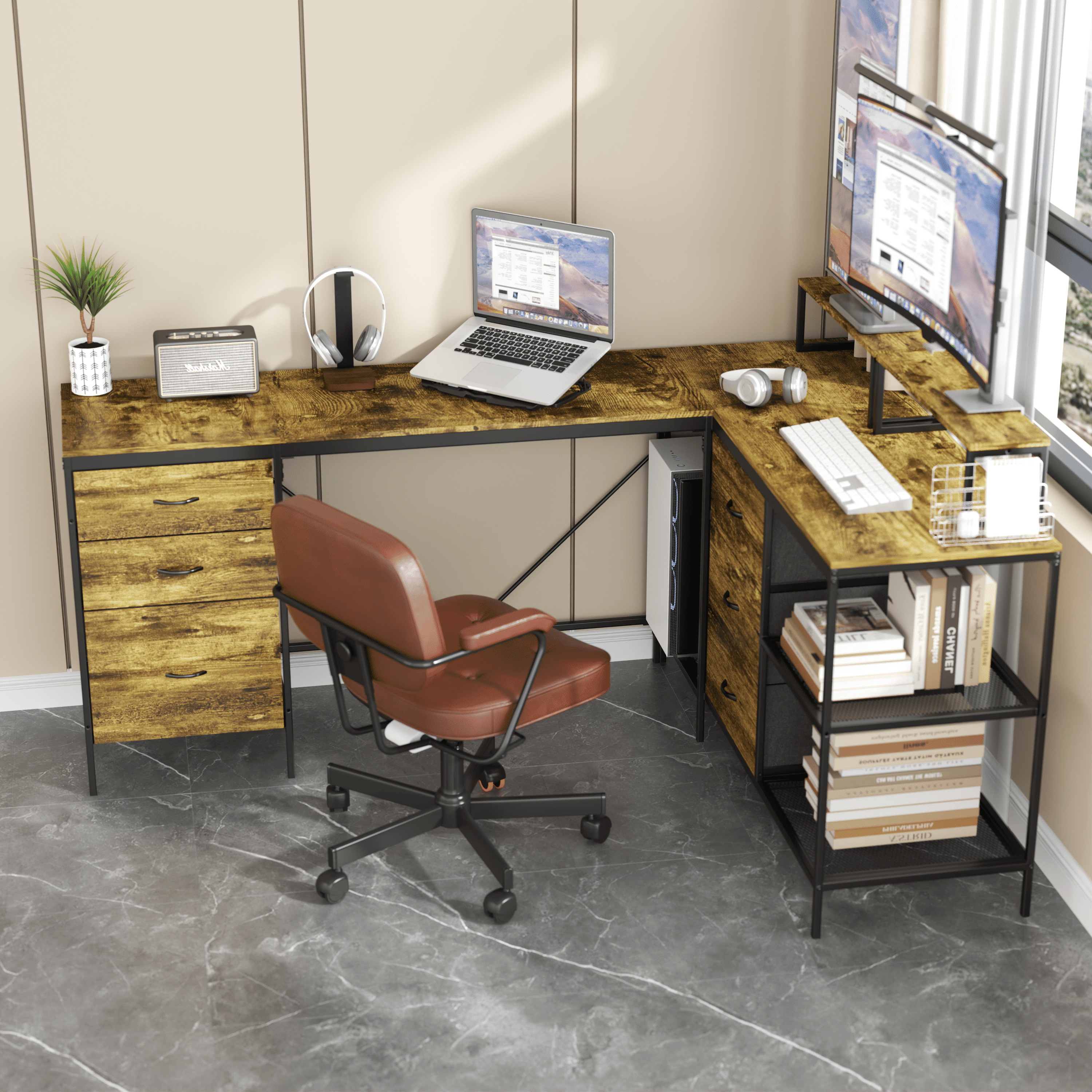L-Shaped Desk with Power Hub, 114 in Convertible Corner Gaming Desk, 6 Drawers, 3 Shelves, Adjustable Monitor Stands, Steel Frame Home Office Table