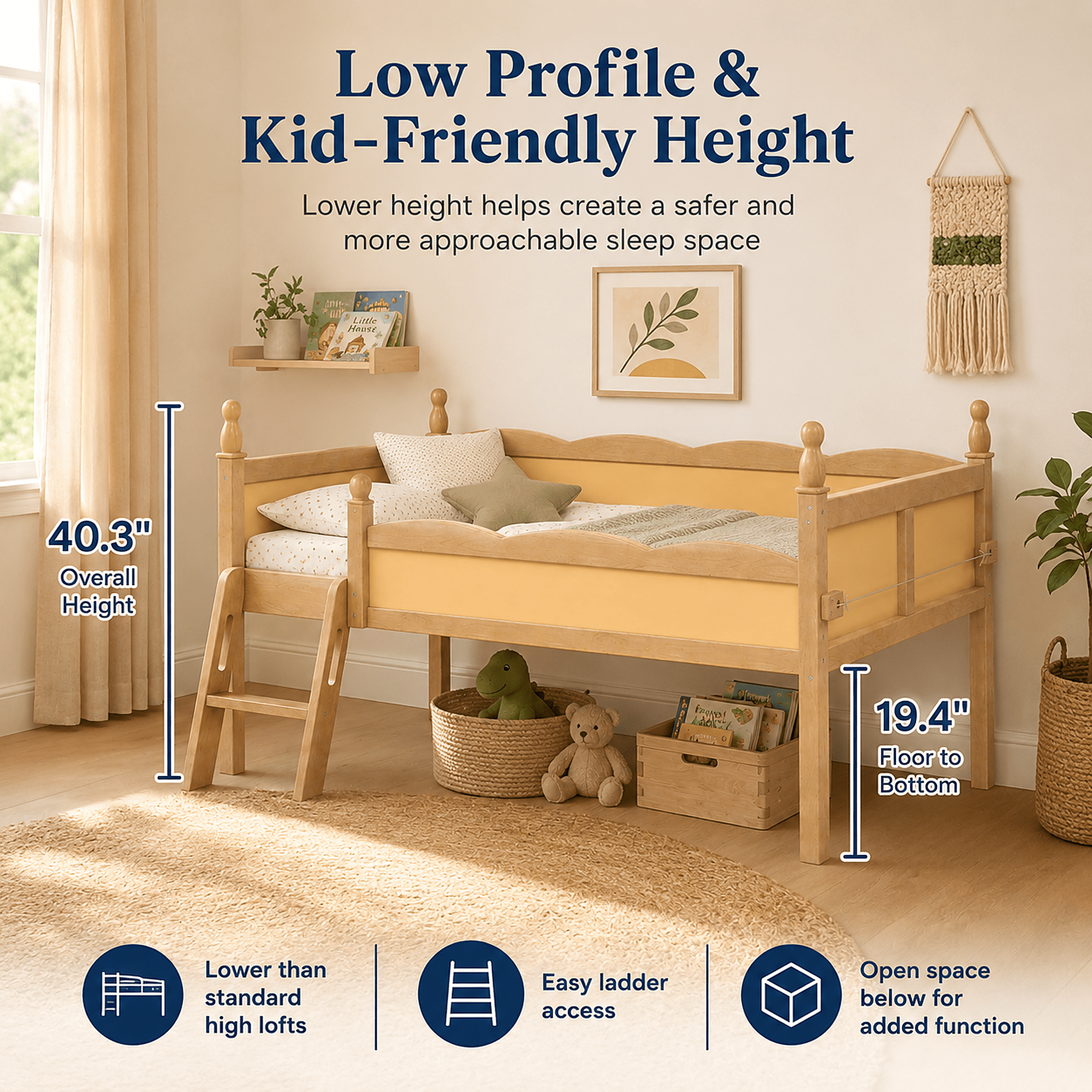 Miniyam Twin Low Loft Bed with Bookshelf and Guardrails, Wood Kids Bed for Bedroom, Natural