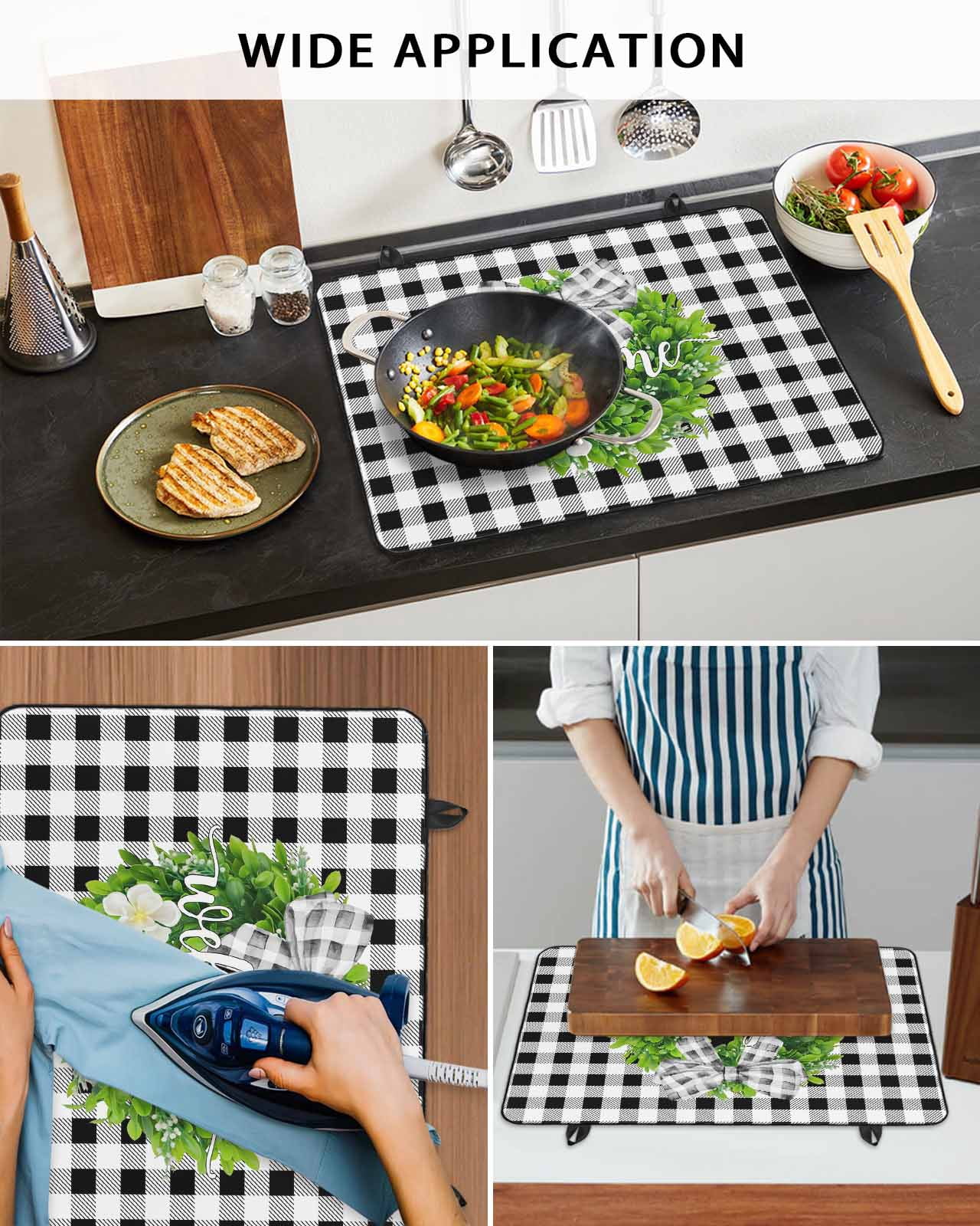 Large Induction Cooktop Protector Mat Welcome Bow Knot Wreath Stove Top Covers for Electric Stove, Summer Flowers Black Gray Plaid Decorative Stove Burner Cover Mats, Glass Top Stove Cover