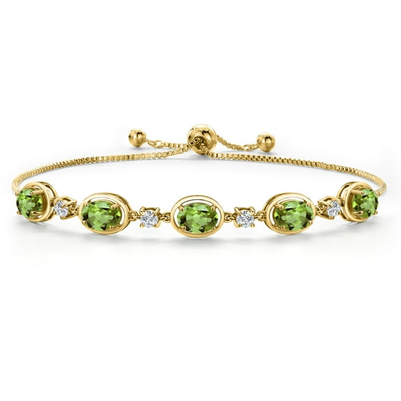 Gem Stone King 18K Yellow Gold Plated Silver Green Peridot Bracelet for Women | 4.50 Cttw | Gemstone August Birthstone | Oval 7X5MM | Fully Adjustable 9 inch