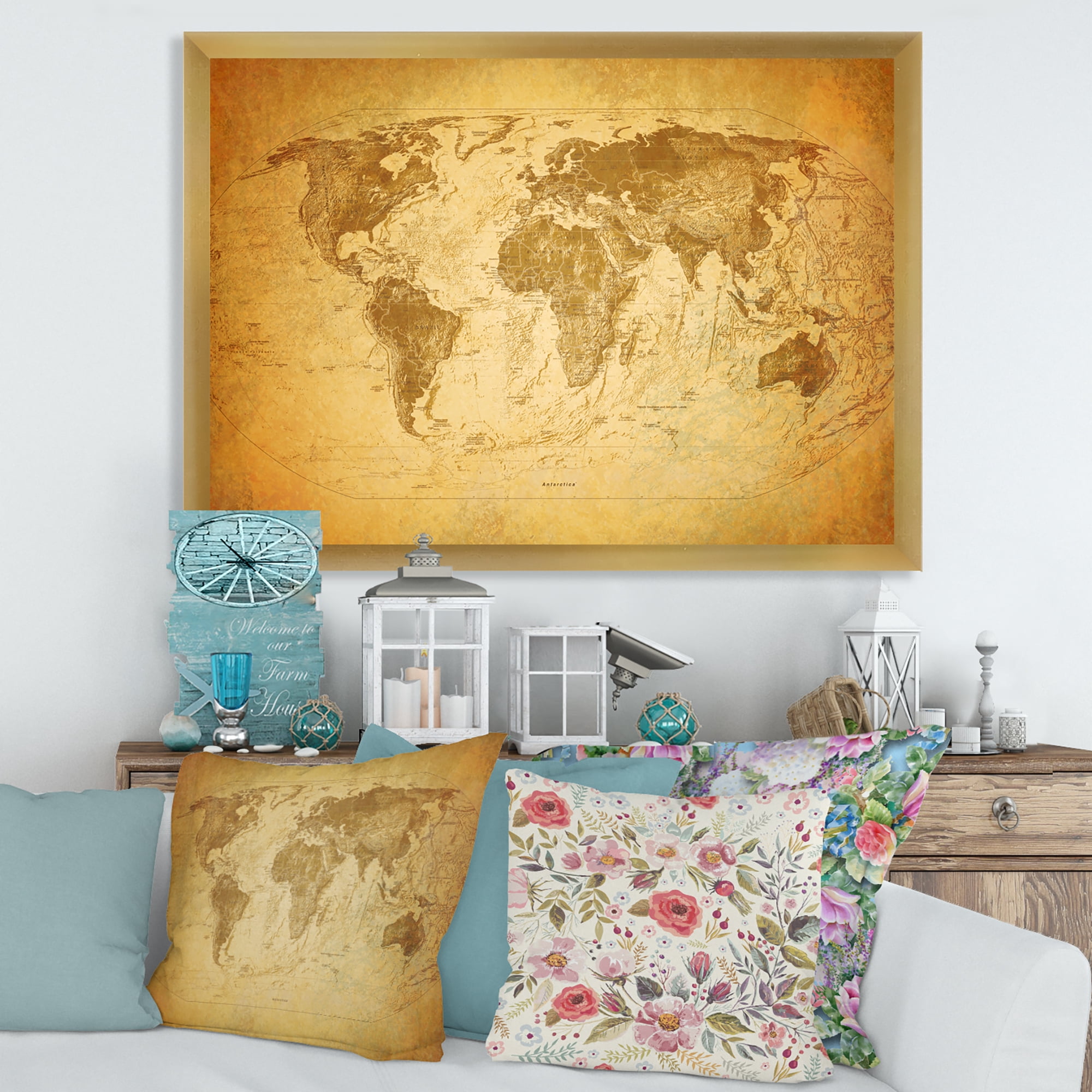 Designart 'Ancient World Map X' Vintage Framed Art Print