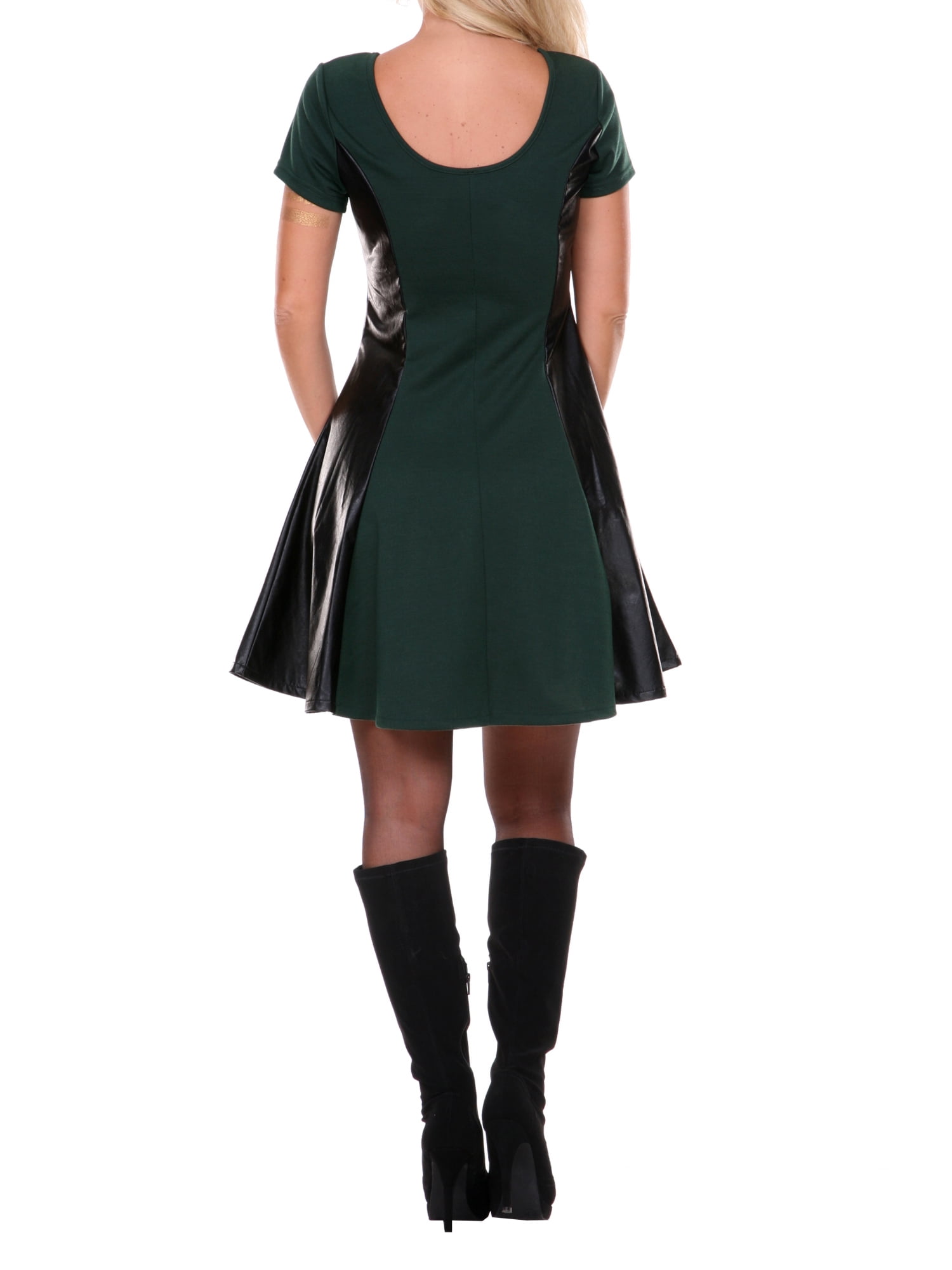 White Mark Women's Leather Panel Fit and Flare Dress