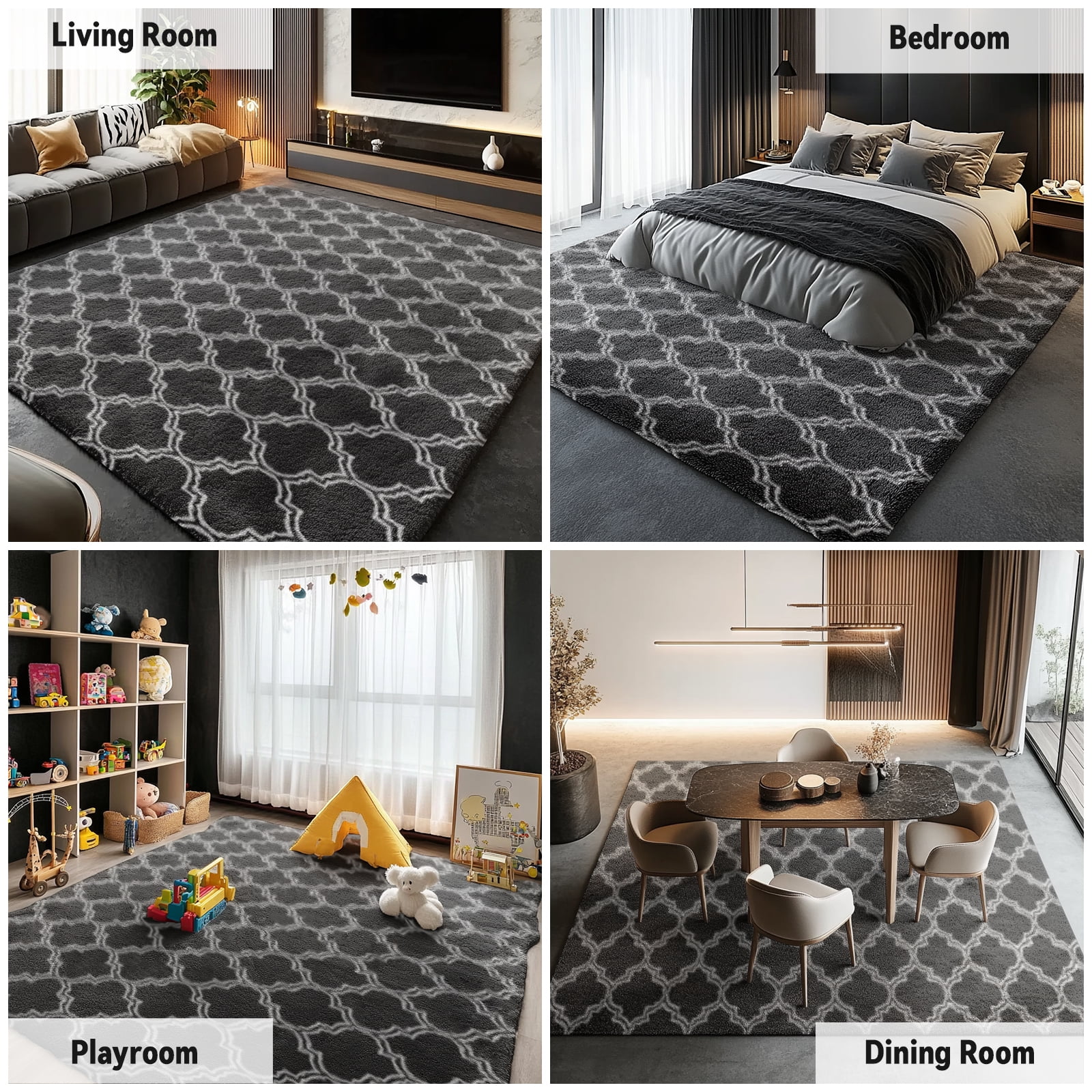 Pentantan 5ft x 8ft Geometric Shag Area Rugs for Living Room, Moroccan Fluffy Bedroom Carpet, Dark Gray