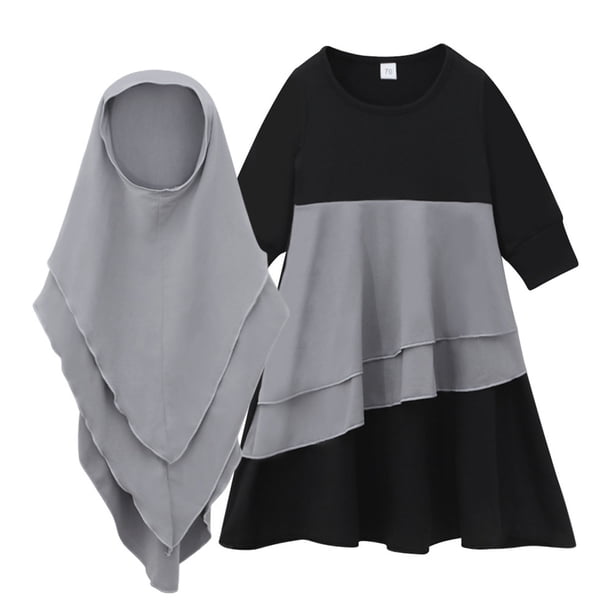 Conjunto de dos piezas de falda, color liso, manga larga, cuello redondo y pañuelo para la cabeza para niñas y niños durante el mes sagrado musulmán del Ramadán en CUHK. Vestido de poliéster para niño