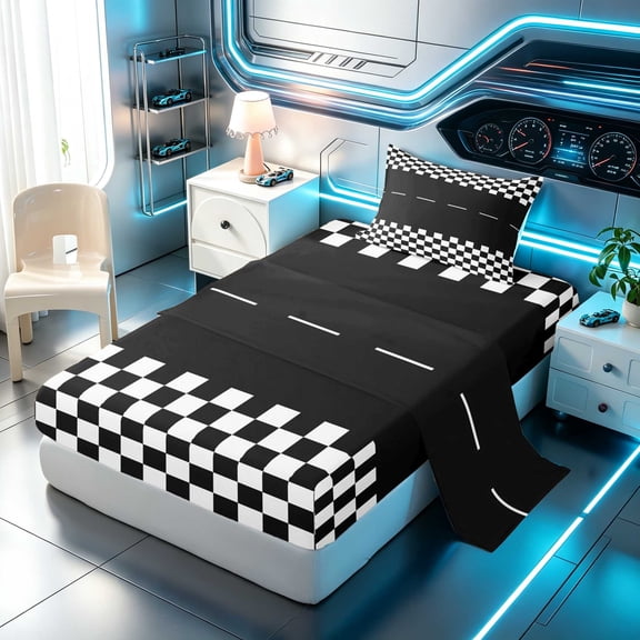 Erosebridal Checkered Flag Twin Sheets, Racing Bedding, Black White Checkered 3 Pieces (1 Flat Sheet, 1 Fitted Sheet and 1 Pillowcase)