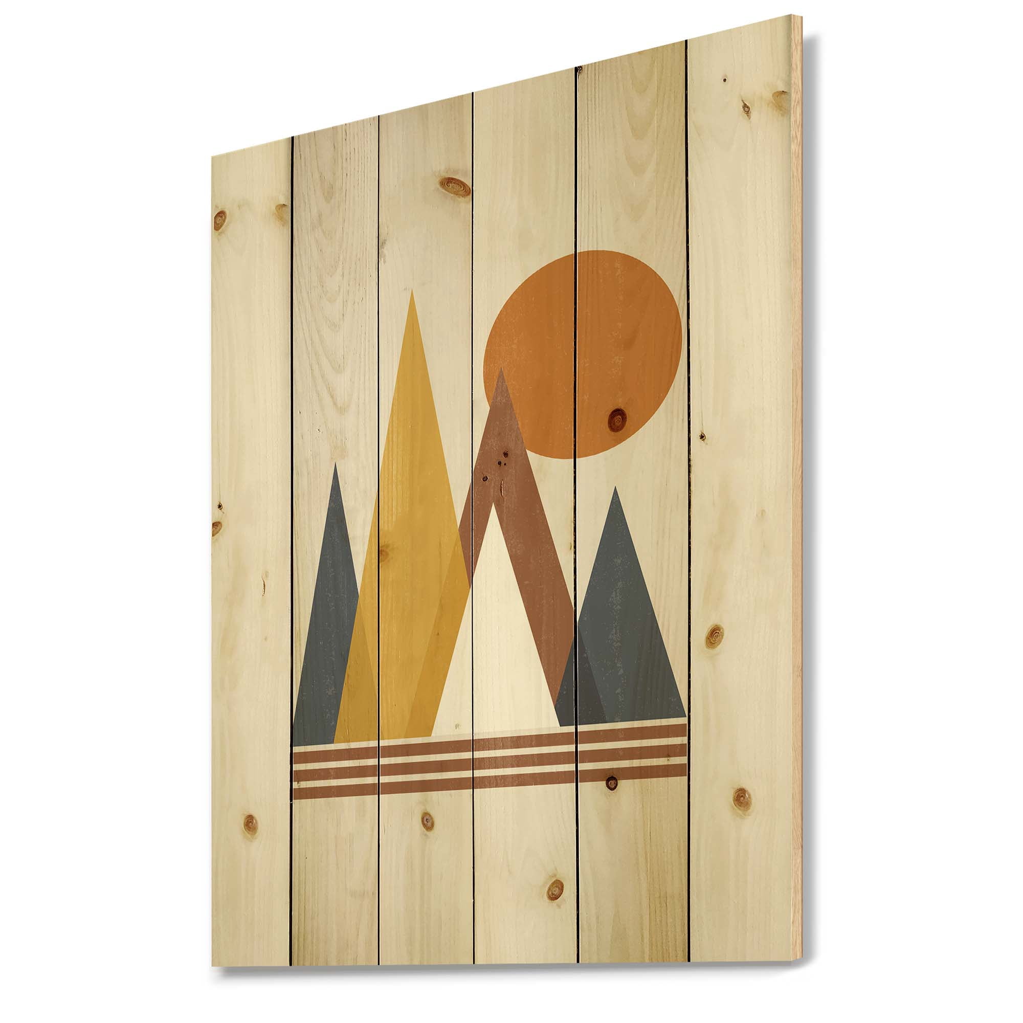 Designart 'Sun and Mountain Abstract' Modern Print on Natural Pine Wood