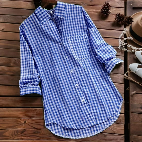 TODOZO Button Down Shirts for Women Tunic Tops Loose Fit Shirts Solid Basic Tops Womens Summer Tops Women's Plaid Lapel Long Sleeve Vintage Shirt Top Blue L