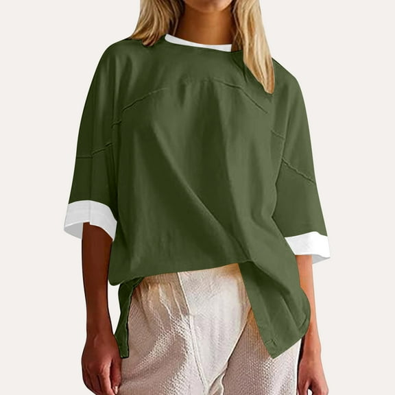 Rezuofi 2 Pcs Womens Oversized Tees Loose T Shirts Half Sleeve Crew Neck Color Block Cotton Tunic Tops