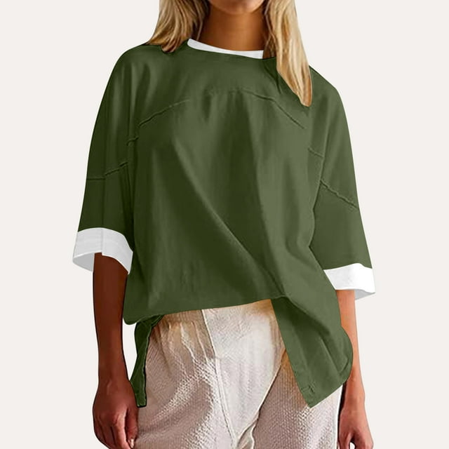 Offres d'Économies d'Été Cagogo T-Shirts à Manches 3/4 pour Femmes Liquidation d'Été à Moins de 10 $ Basiques Décontractés Élégants Hauts Patchwork Col Rond T-Shirts d'Été Tendance Vêtements Cadeaux pour la Fête des Mères