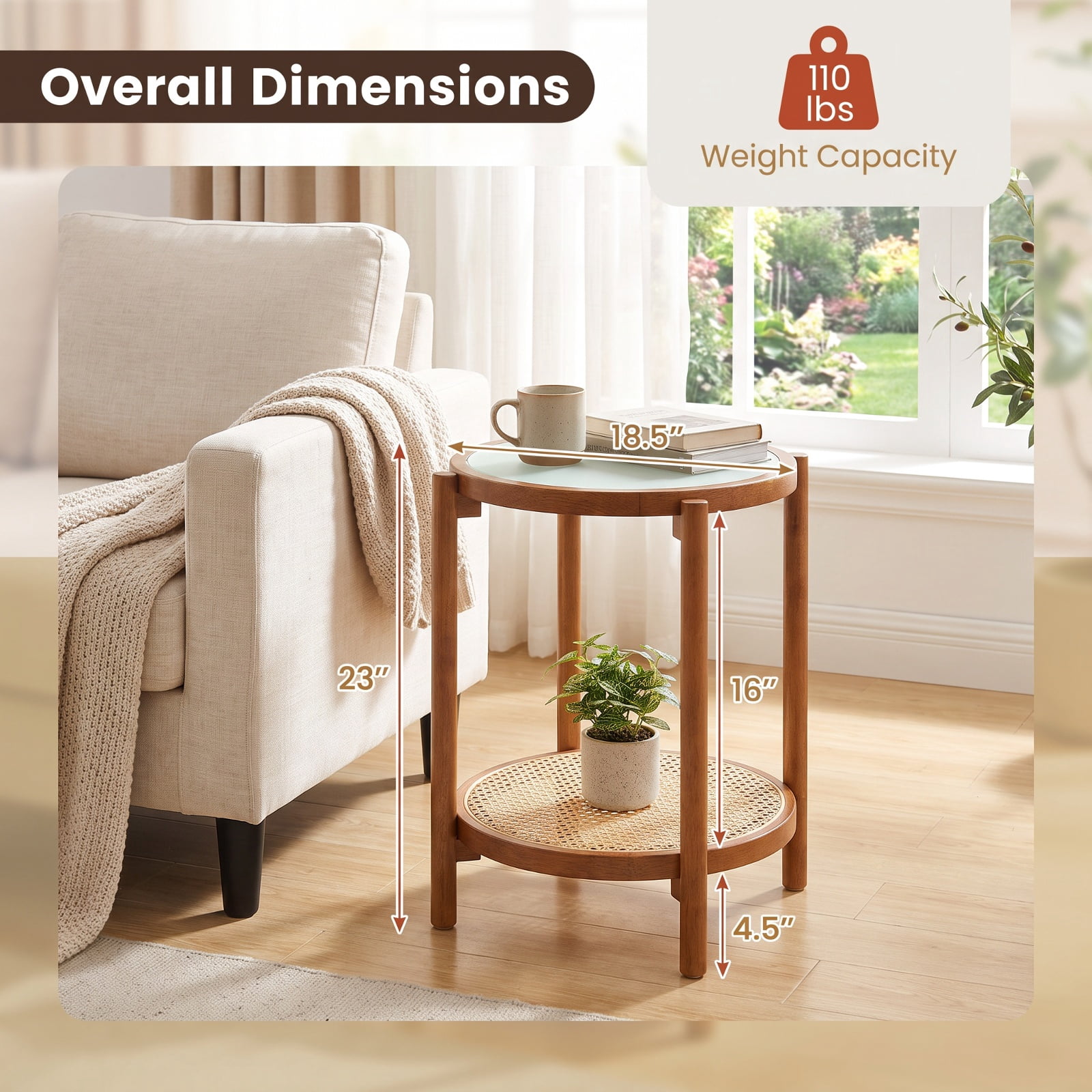 Furnibear Round Side Table 2 Tier Boho End Table with Tempered Glass Top and Woven Rattan Shelf on Acacia Wood Legs for Living Room, Walnut
