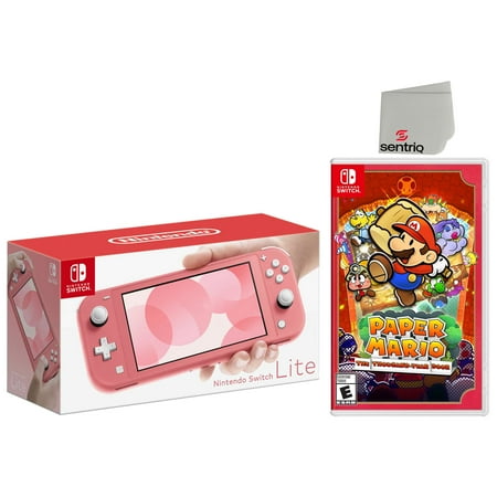 Nintendo Switch Lite 32GB Coral Edition and Paper Mario: The Thousand Year Door Bundle - Japan Import with US Plug with Screen Cleaning Cloth