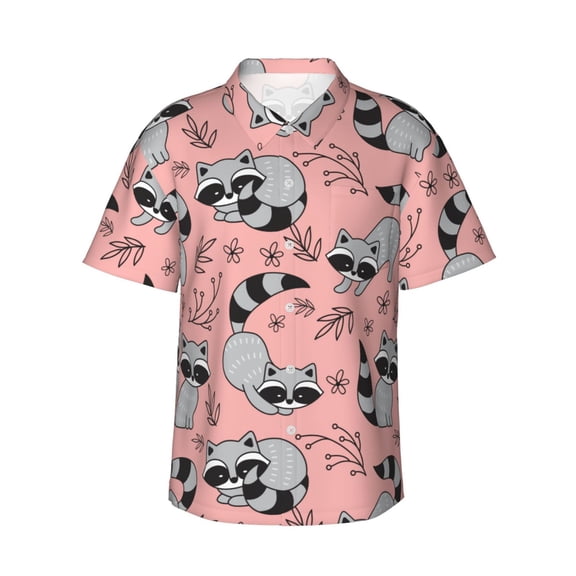 Raccoons Playing On A Peach Men's 3d Print Casual Button Down Shirts, Novelty Hawaiian Short Sleeves S