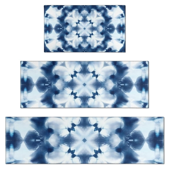 Blue White Tie Dye Mandala Pattern Kitchen Rugs Sets Of 3,Kitchen Runner Rugs Non Skid Washable,Decorative Kitchen Floor Mats for Kitchen,Sink,Laundry,17"x30" 17"x47" 17"x59"
