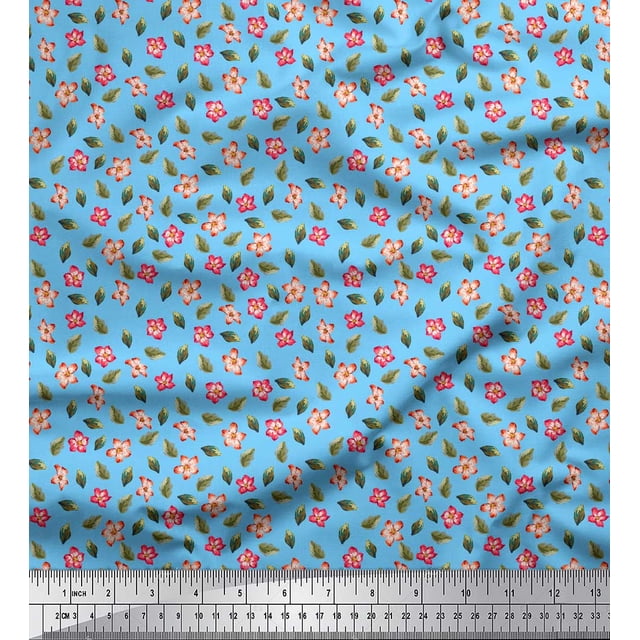 Soimoi Blue Poly Georgette Fabric Leaves & Flower Floral Printed Fabric 1 Yard 52 Inch Wide