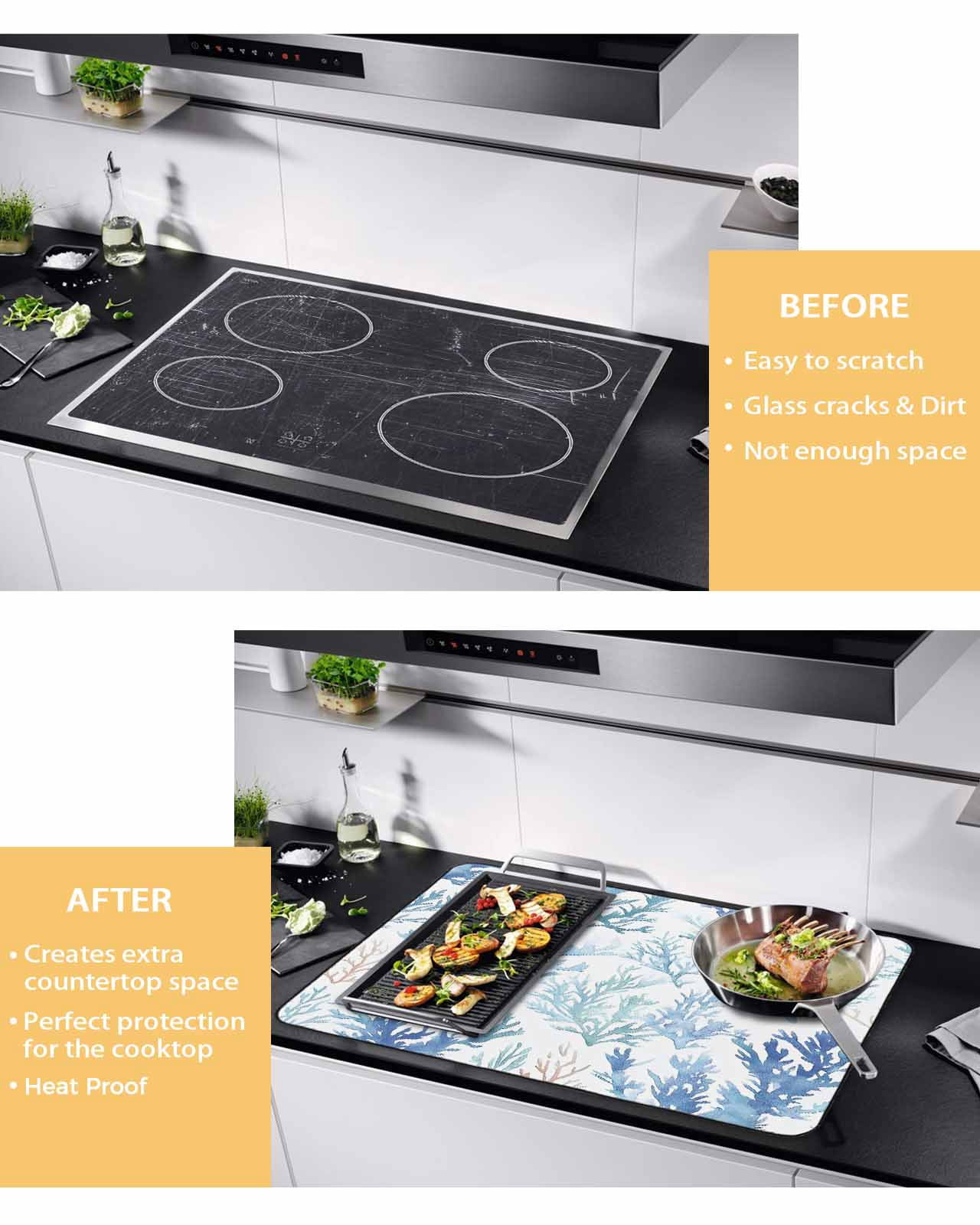 nqOlkjepod Large Induction Cooktop Protector Mat 36"x21", Blue Coral Coastal Stove Top Covers for Electric Stove, Watercolor Summer Beach Coral Stove Burner Cover Mats, Glass Top Stove Cover