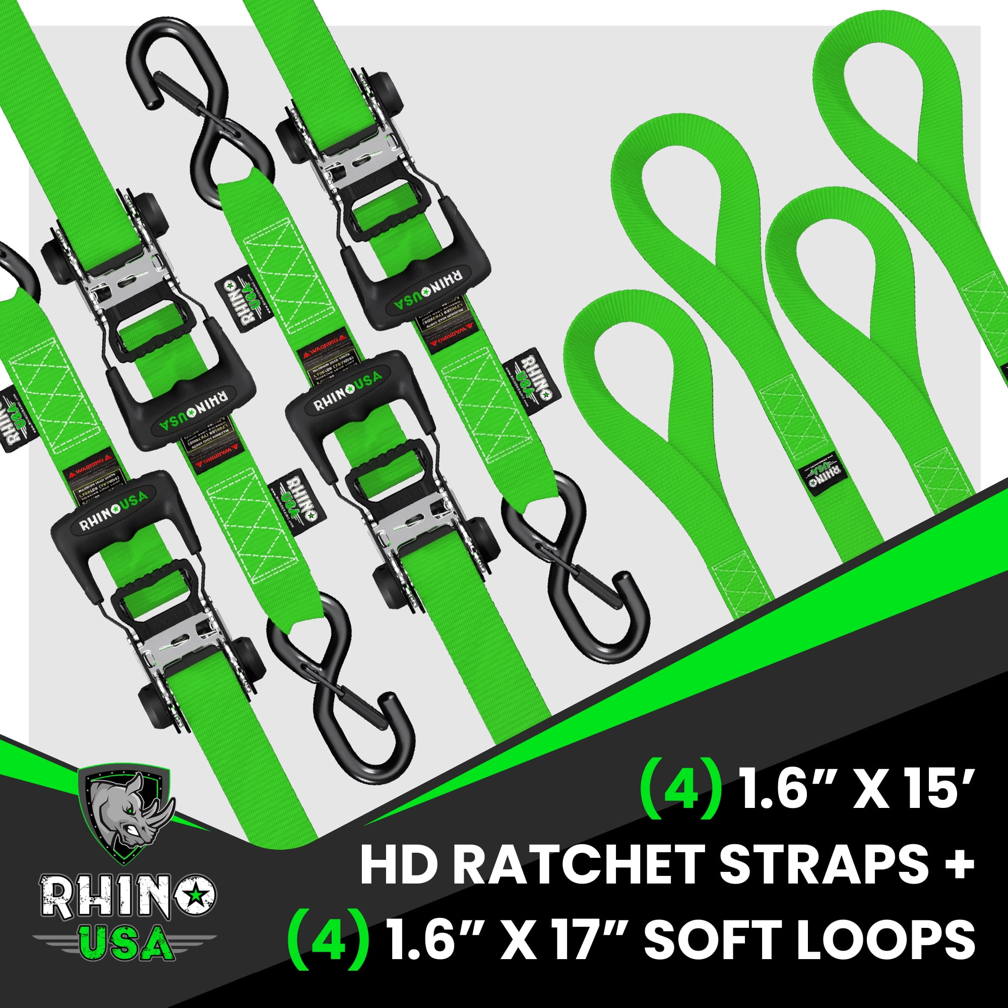 Rhino USA 1.6" x 15' Ratchet Strap Heavy Duty Kit w/ Safety S Hooks - 5,208lb Break Strength (Green 4pc)