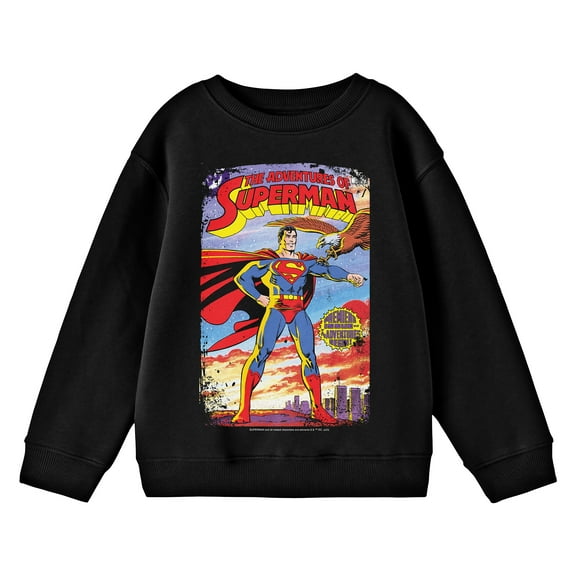 Superman Distressed Comic Cover No. 424 Crew Neck Long Sleeve Youth Black Tee-Small