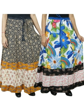 Mogul Women's 2pc Cotton Flared Printed Boho Chic Gypsy Long Maxi Skirts