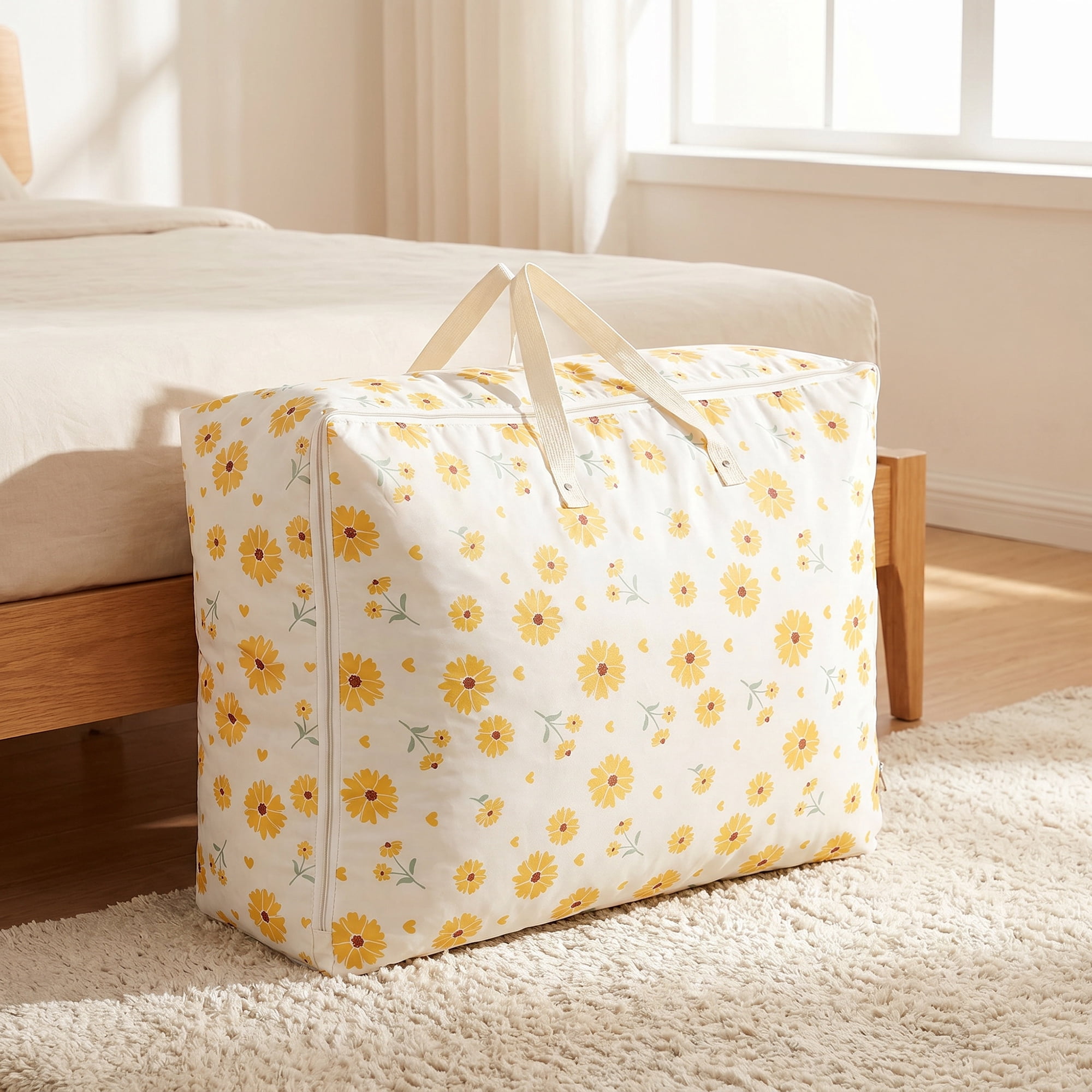 Unique Bargains Dustproof Floral Zipper Large Moving Bag Yellow 33.5" x 11.8" x 23.6"