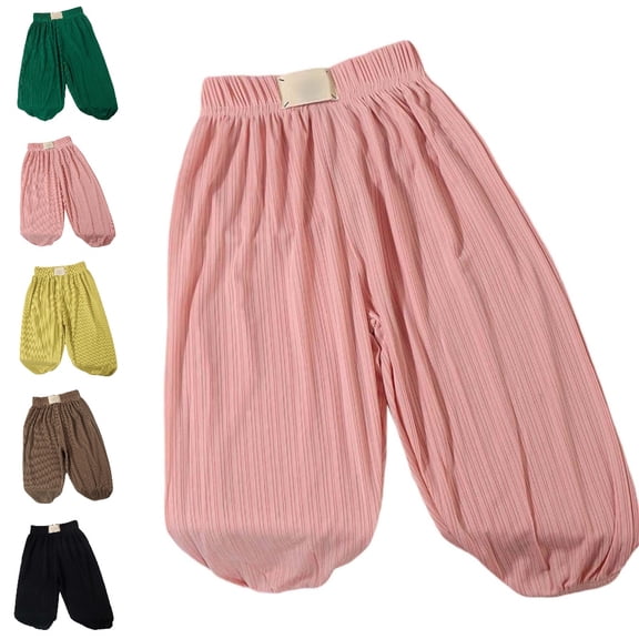 UJNDER Girls Ice Silk Elastic High Waisted Casual Flowy Stretchy Trousers Girls Pants,Pink,6-7 Years