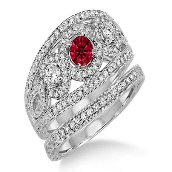 2 Carat Ruby & Diamond Trilogy set Ring on 10k White Gold