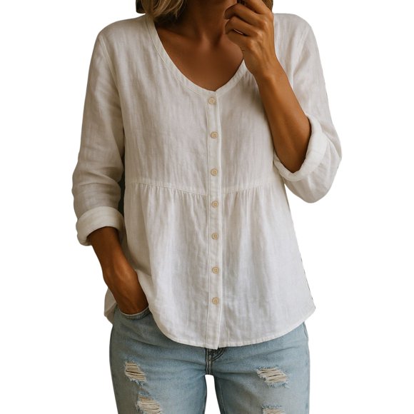Roncen Women's Casual Long Sleeve V-Neck Shirt, Light Pink Button-Down Top with Roll-Up Sleeves and A-Line Hem