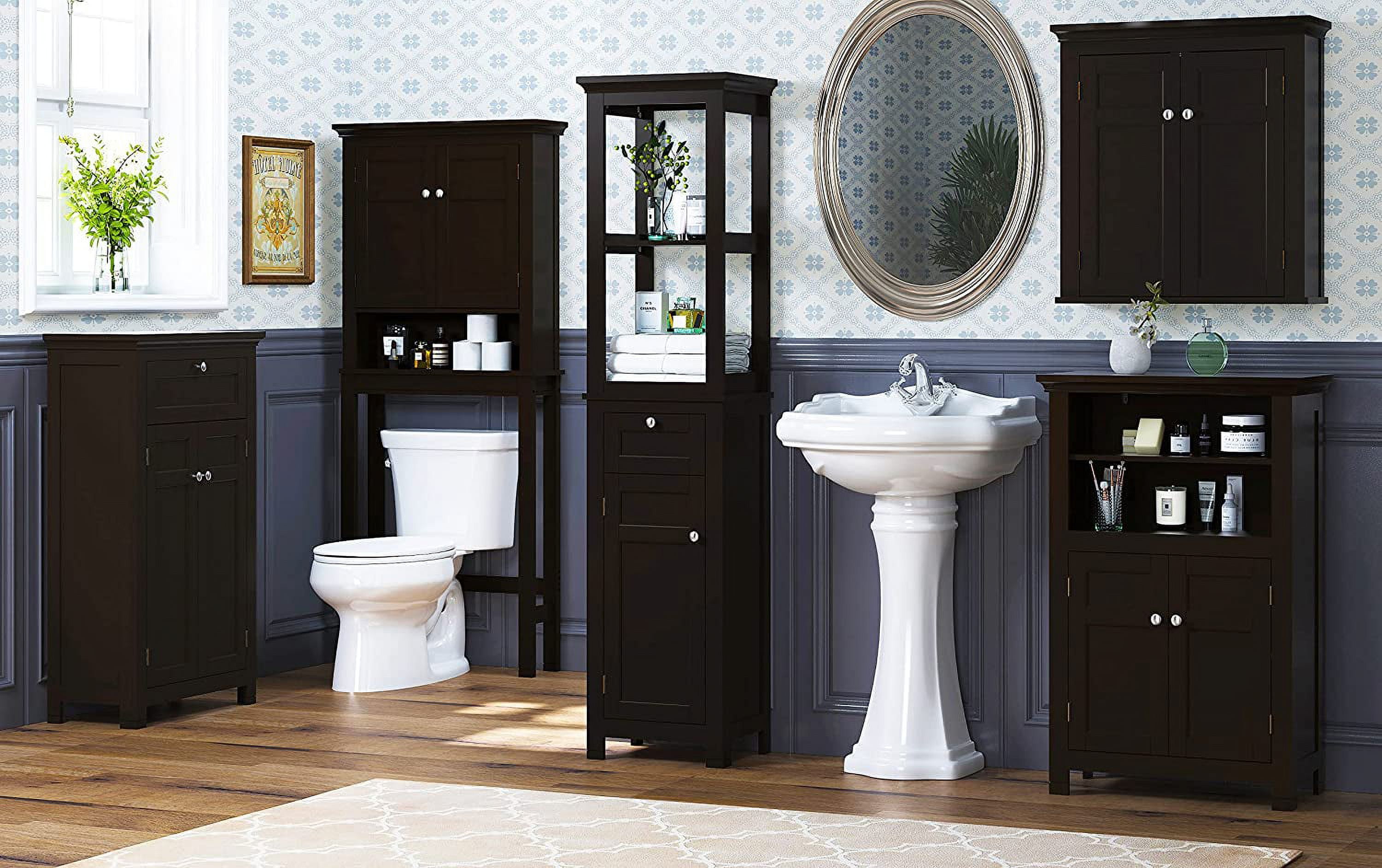 Spirich Home Bathroom Freestanding Storage Cabinet with Two Tier Open Shelves, Tall Slim Cabinet with Door and Drawer, Free Standing Linen Tower (Espresso with Drawer)
