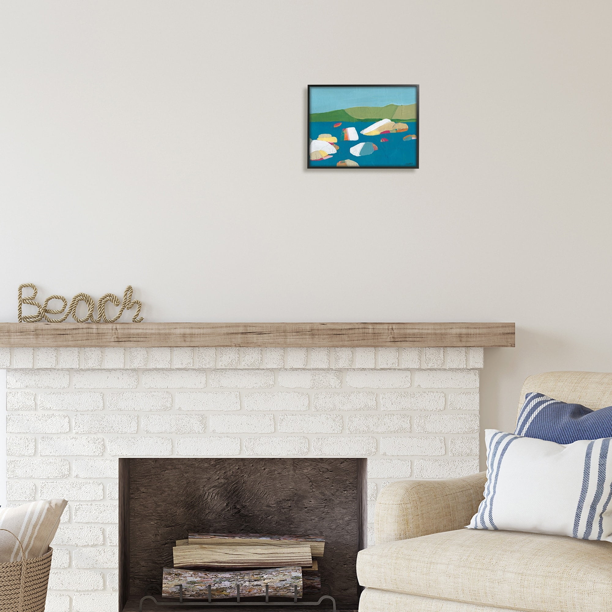 Stupell Industries Modern Ocean Rocks Painting Coastal Painting Black Framed Art Print Wall Art
