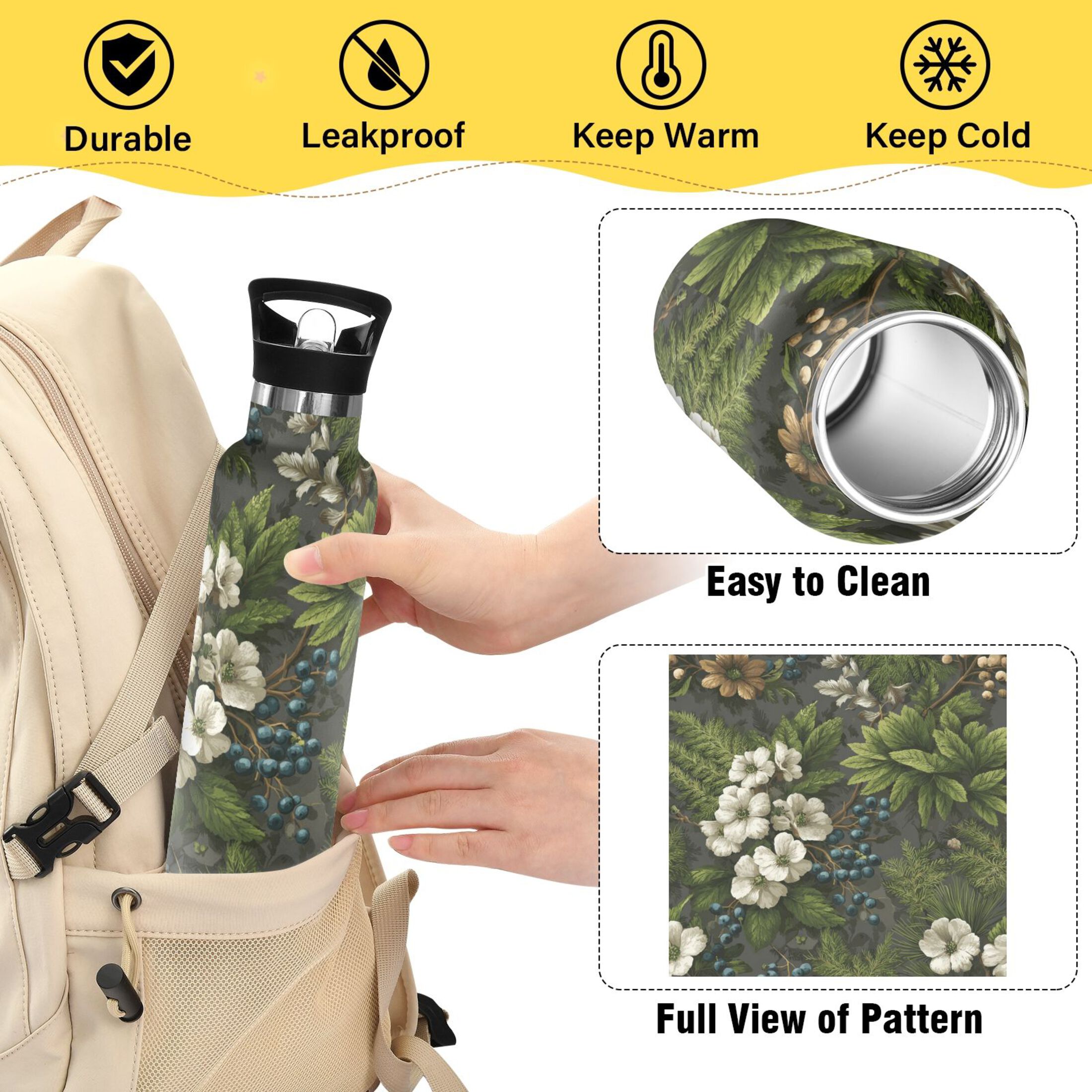 Kids Insulated Stainless Steel Sports Water Bottle 600ml (20oz) Ferns and Flowers