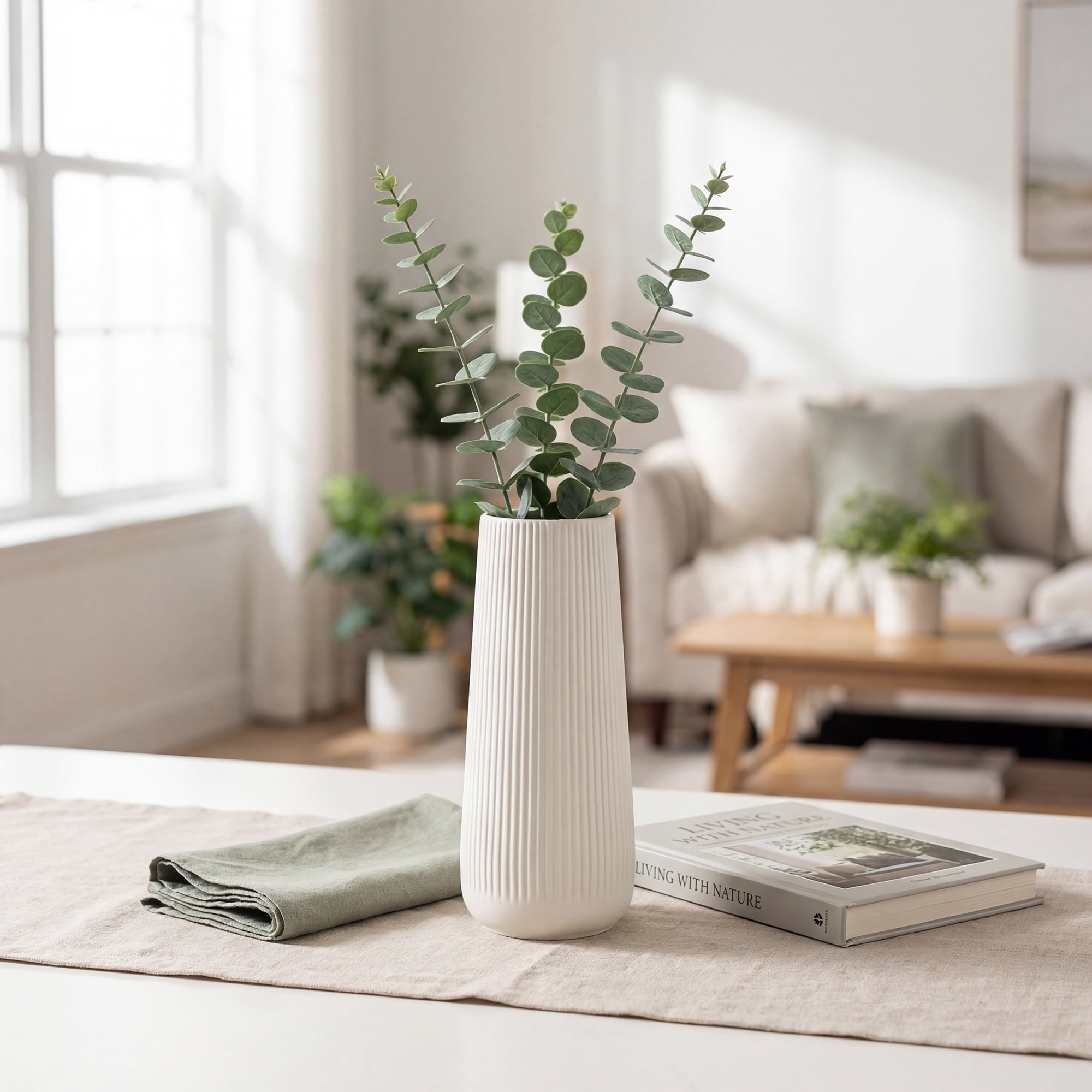Unique Bargains Ribbed Ceramic Vase for Flowers Frosted white 3.5"L x 3.5"W x 7.9"H