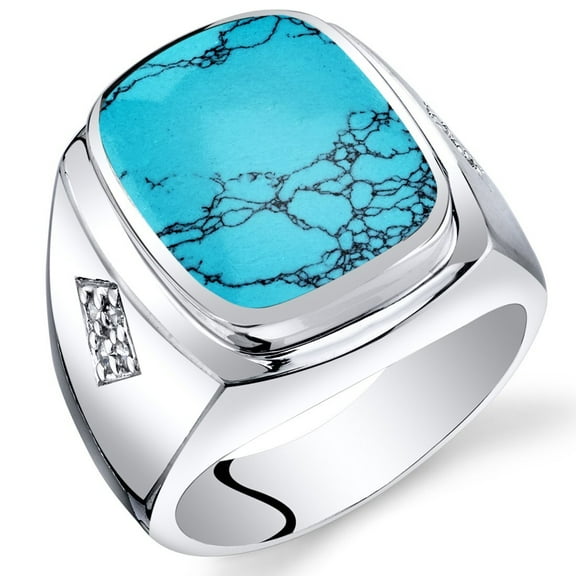 PEORA Men's Simulated Turquoise Knight Signet Ring 925 Sterling Silver, Large 15x12mm Cushion Cut, Size 10