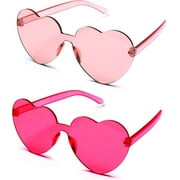 4E's Novelty 2 Pack Heart Shaped Sunglasses for Women - Transparent Light Pink & Hot Pink Color Rimless Glasses, Valentines Party Fashion Accessories