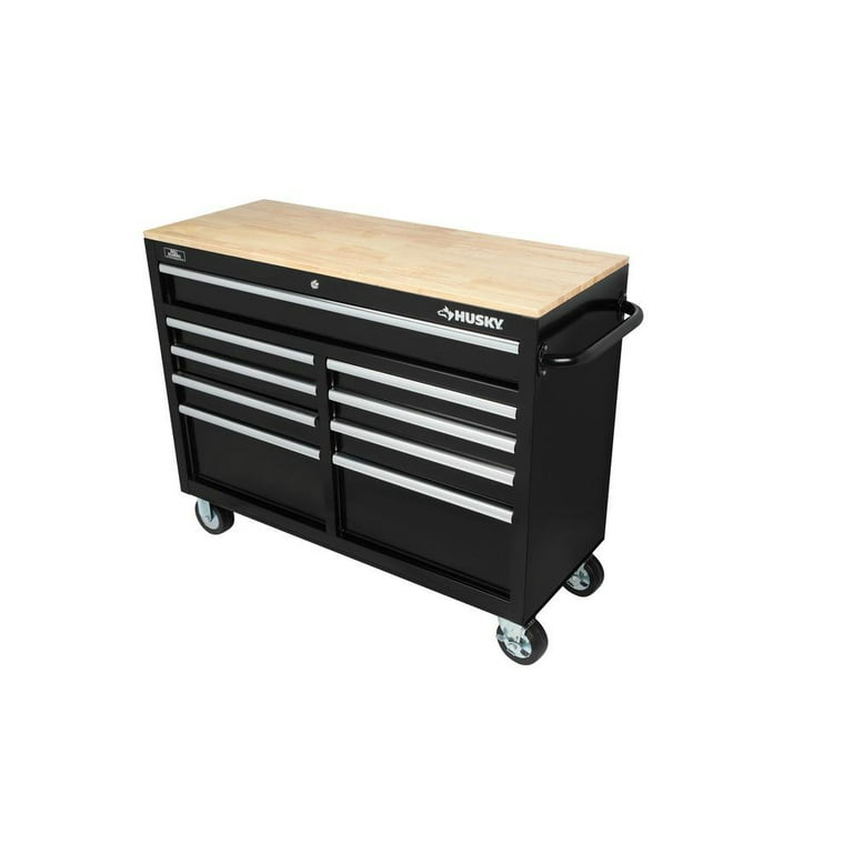 Husky Standard-Duty 52 inch W 9-Drawer Mobile Workbench with Solid Wood Top  in Gloss Black