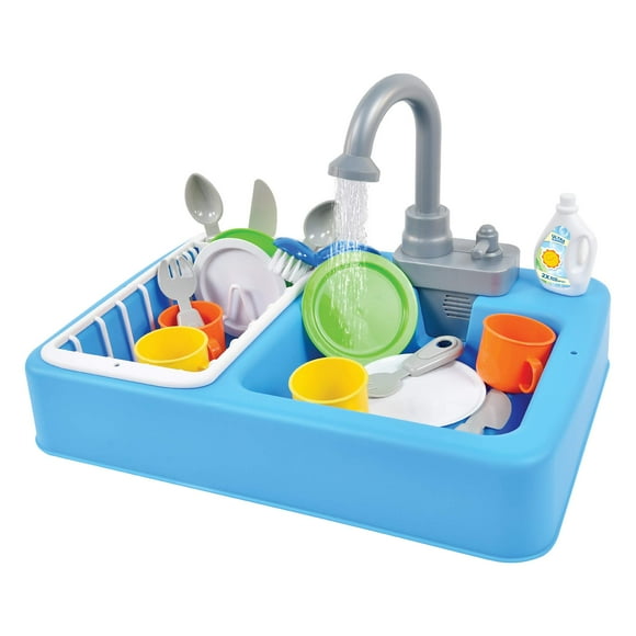 Sunny Days Entertainment Kitchen Sink Play Set with Running Water - 20 Piece Pretend Play Toy for Boys and Girls | Kids Kitchen Role Play Dishwasher Toys, Multi