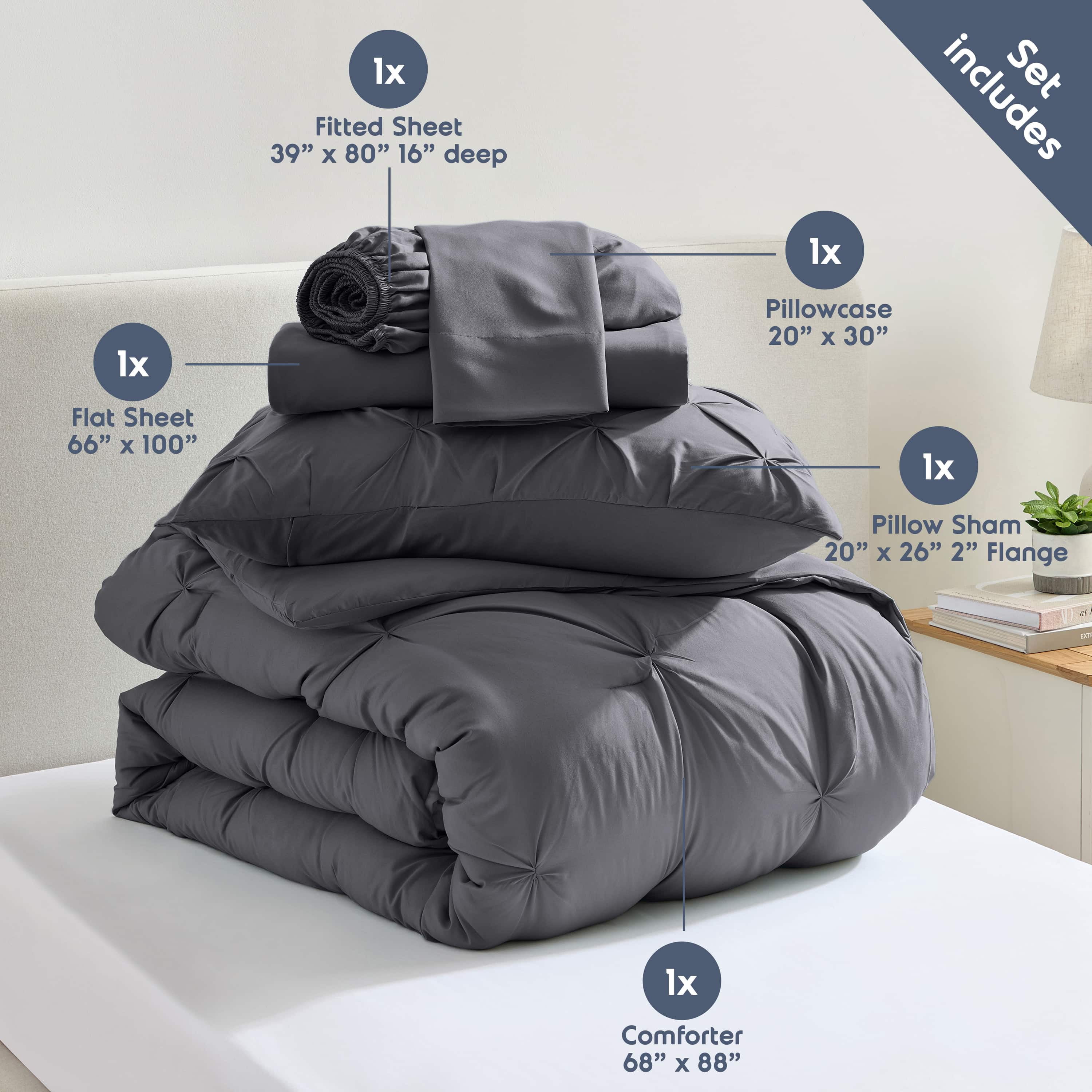 LammaLoe Twin XL Comforter Sets, 5 Piece Bed In A Bag Pintuck Bedding Sets, Dark Grey