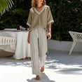 thumbnail image 5 of Bosfbaoi Two Piece Sets for Women V Neck Short Sleeve Top and Striped Wide Leg Pants Casual Womens Summer Outfits, 5 of 7