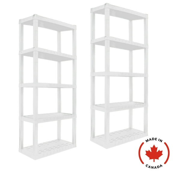 Hyper Tough Plastic Shelving Unit 5-Tier 75"H x 14'D x 30"W 2-Pack White-500Ibs Total Capacity