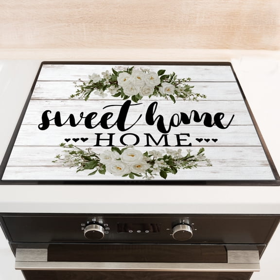 Diatomite Cover for Gas Stove Top, White Flowers Sweet Home Print Heat Resistant Stove Burner Covers, Glass Induction Cooktop Protector Mat for Kitchen RV (28×20 Inch)