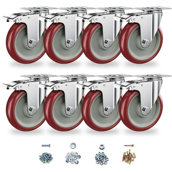 Set of 8 Heavy Duty - Caster Wheels 5 Inch,   Locking Castors, Swivel Casters with Brake (Top Plate), Double Ball Bearing Non Marking Castor Wheels for Cart Furniture Workbench