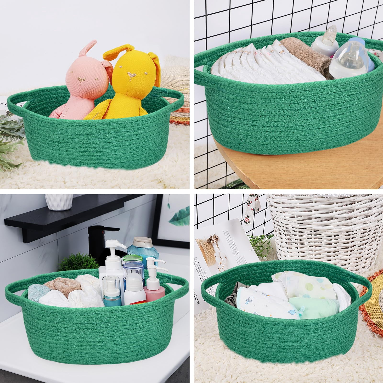 Small Basket with Handles, Boho Decorative Rope Woven Storage Bin Organizer, Pet Toy Storage, Easter and Holiday Gift Basket, 12"x8"x5", White