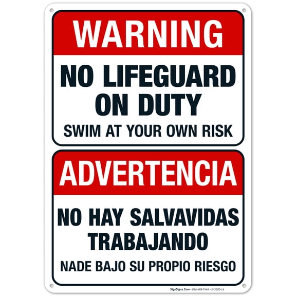 No Lifeguard On Duty Pool Sign, Bilingual Spanish English,
