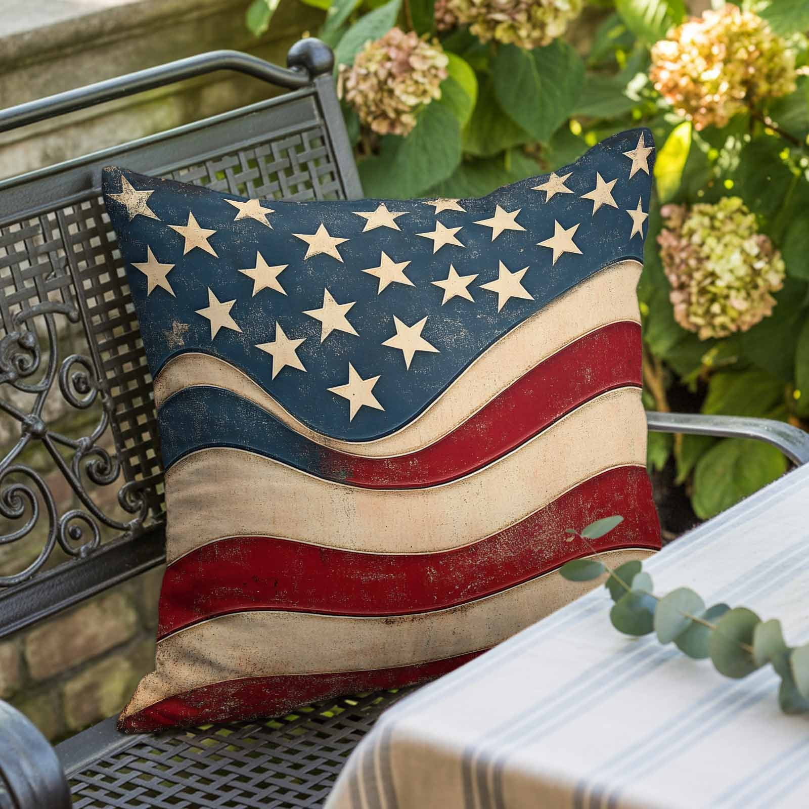 Pillow Covers 26x26 Inch, Vintage American Flag Linen Pillowcase with Invisible Zipper, Blue Red White Star US Flag Decorative Throw Pillow Covers Cushion Case for Couch Sofa Bed Living Room